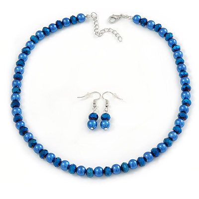 8mm Electric Blue Glass Bead Necklace and Drop Earrings Set In Silver Tone - 40cm L/ 4cm Ext