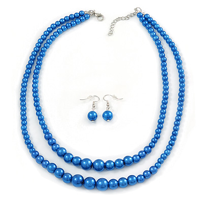2 Strand Layered Electric Blue Graduated Glass Bead Necklace and Drop Earrings Set - 50cm L/ 4cm Ext
