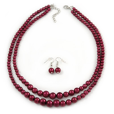 2 Strand Layered Cranberry Red Graduated Glass Bead Necklace and Drop Earrings Set - 50cm L/ 4cm Ext