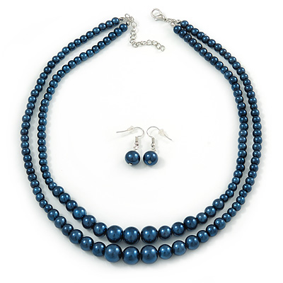 2 Strand Layered Inky Blue Graduated Glass Bead Necklace and Drop Earrings Set - 50cm L/ 4cm Ext