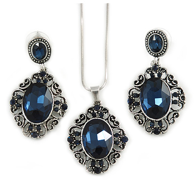 Victorian Inspired Dark Blue Crystal Filigree Pendant with Silver Tone Snake Chain and Drop Earrings In Aged Silver Tone Metal - 40cm L/ 4cm Ext