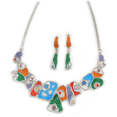 Multicoloured Enamel, Crystal Geometric Necklace and Drop Earrings In Rhodium Plating - 40cm L/ 7cm Ext