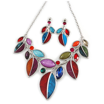 Statement Multicoloured Glass, Crystal Leaf Necklace and Drop Earrings In Rhodium Plating - 40cm L/ 8cm Ext - main view