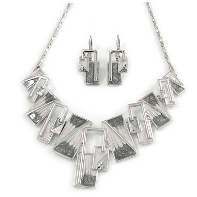 Grey Enamel Geometric Necklace and Drop Earrings In Rhodium Plating Set - 38cm L/ 8cm Ext