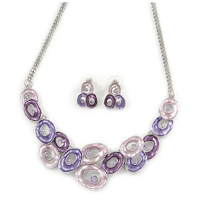 Pink/ Purple Crystal, Glittering Enamel Oval Cluster Necklace and Stud Earrings In Rhodium Plating - 40cm L/ 7cm Ext