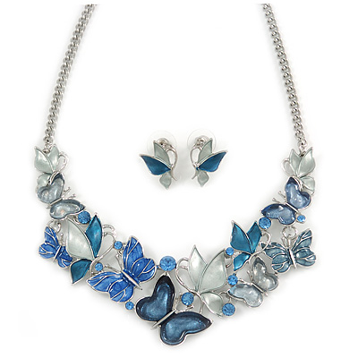 Romantic Blue Glass, Enamel, Crystal Butterfly Cluster Necklace and Stud Earrings Set In Rhodium Plating - 42cm L/ 7cm Ext