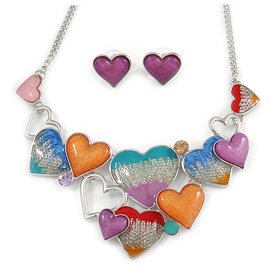 Romantic Multicoloured Glass, Enamel Multi Heart Necklace and Stud Earrings Set In Rhodium Plating - 40cm L/ 8cm Ext - main view