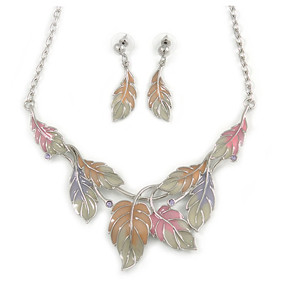 Pastel Enamel 'Spring Foliage' Floral Necklace and Drop Earrings Set In Rhodium Plating - 42cm L/ 8cm Ext