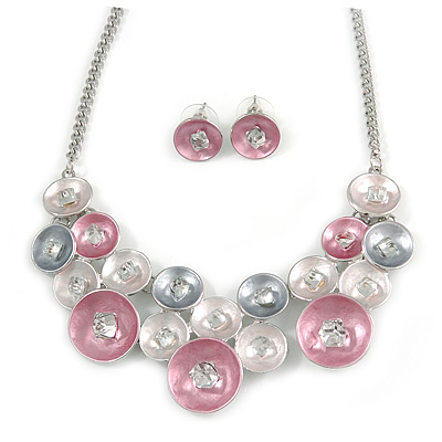 Pastel Enamel Pink/ Grey/ Metallic Silver Circle Cluster Necklace and Stud Earrings Set In Rhodium Plating - 41cm L/ 7cm Ext