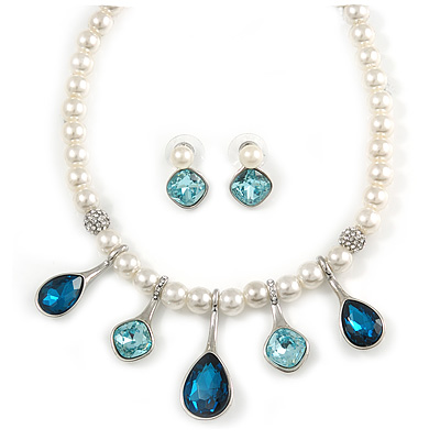 Bridal/ Wedding/ Prom White Faux Pearl, Blue/ Clear Crystal Necklace and Stud Earrings Set In Silver Tone - 42cm L/ 9cm Ext - Gift Boxed