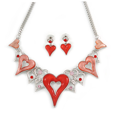 Romantic Pink/ Red Glass, Crystal Multi Heart Necklace and Drop Earrings Set In Rhodium Plating - 40cm L/ 8cm Ext