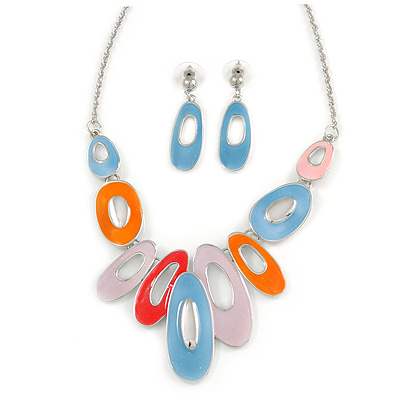 Multicoloured Enamel Geometric Oval Station Necklace and Drop Earrings Set In Rhodium Plating - 40cm L/ 7cm Ext