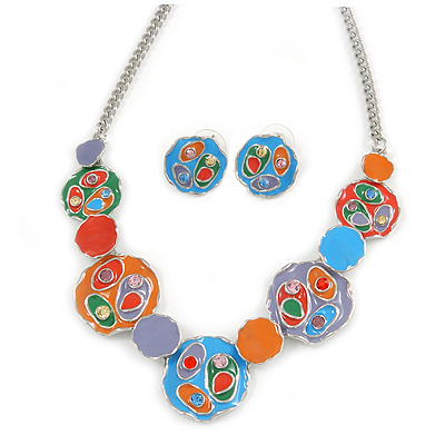Multicoloured Enamel, Crystal 'Disks and Circles' Geometric Necklace and Drop Earrings In Rhodium Plating - 40cm L/ 7cm Ext - main view