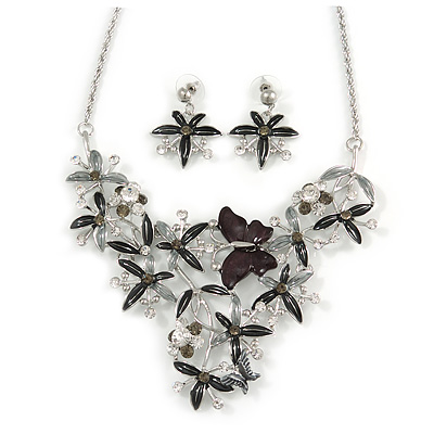 Romantic Enamel Flower and Butterfly Cluster Necklace and Stud Earrings Set In Rhodium Plating (Black/ Grey) - 40cm L/ 8cm Ext - main view
