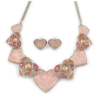 Romantic Crystal Multi Heart Necklace and Stud Earrings Set In Rhodium Plating (Pink) - 40cm L/ 8cm Ext - Gift Boxed