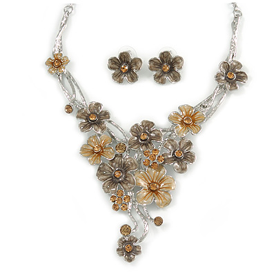 Brown/ Caramel Cluster Flower Necklace & Stud Earrings In Rhodium Plated Metal - 42cm L/ 8cm Ext