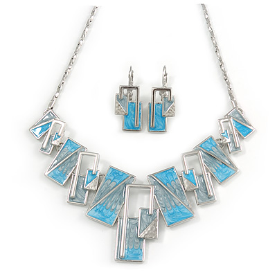 Light Blue/ Grey Enamel Geometric Necklace and Drop Earrings In Rhodium Plating Set - 38cm L/ 8cm Ext
