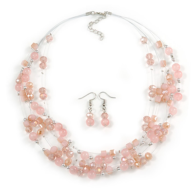 Light Pink Glass & Crystal Floating Bead Necklace & Drop Earring Set - 48cm L/ 5cm Ext