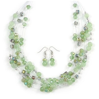 Light Green Glass & Crystal Floating Bead Necklace & Drop Earring Set - 48cm L/ 5cm Ext