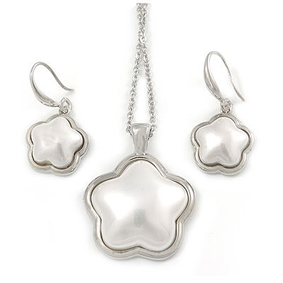 Stylish White Pearl Style Flower Pendant and Drop Earrings In Rhodium Plating (48cm Chain) - main view