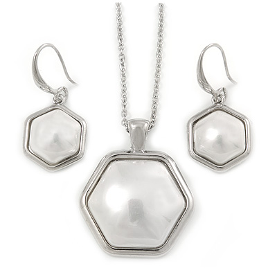 Stylish White Pearl Style Six-Sided Geometric Pendant and Drop Earrings In Rhodium Plating (48cm Chain)