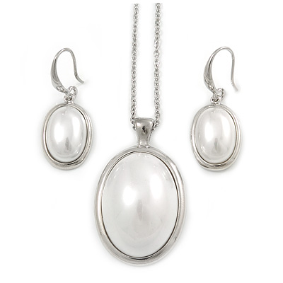Stylish White Pearl Style Oval Pendant and Drop Earrings In Rhodium Plating  (48cm Chain)