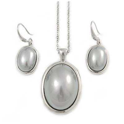 Stylish Light Grey Pearl Style Oval Pendant and Drop Earrings In Rhodium Plating (48cm Chain)