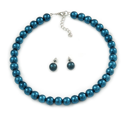 10mm Teal Glass Bead Choker Necklace & Stud Earrings Set - 37cm L/ 5cm Ext