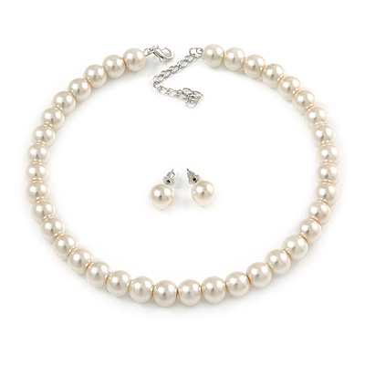10mm Light Cream Glass Bead Choker Necklace & Stud Earrings Set - 37cm L/ 5cm Ext