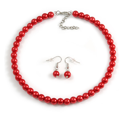 8mm Cranberry Red Glass Bead Choker Necklace & Drop Earrings Set - 37cm L/ 5cm Ext
