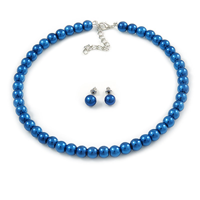 8mm Blue Glass Bead Choker Necklace & Stud Earrings Set - 37cm L/ 5cm Ext - main view
