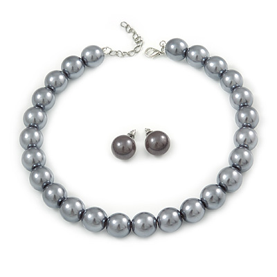 14mm Grey Glass Bead Choker Necklace & Stud Earrings Set - 37cm L/ 5cm Ext - main view