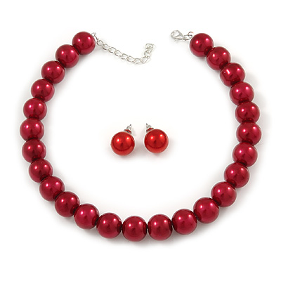 14mm Red Glass Bead Choker Necklace & Stud Earrings Set - 37cm L/ 5cm Ext