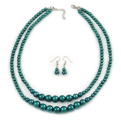 2 Strand Layered Pine Green Graduated Ceramic Bead Necklace and Drop Earrings Set - 52cm L/ 4cm Ext