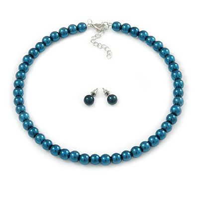 8mm Teal Glass Bead Choker Necklace & Stud Earrings Set - 37cm L/ 5cm Ext