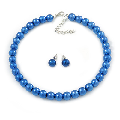 10mm Blue Glass Bead Choker Necklace & Stud Earrings Set - 37cm L/ 5cm Ext