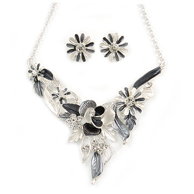 Matt Pastel Grey/ White Enamel, Clear Crystal Floral Necklace and Stud Earrings In Light Silver Tone - 45cm L/ 7cm Ext