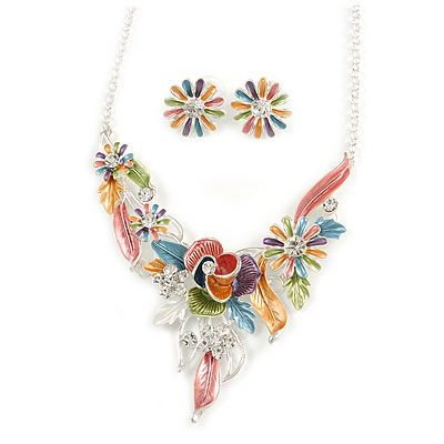 Matt Pastel Multicoloured Enamel, Clear Crystal Floral Necklace and Stud Earrings In Light Silver Tone - 45cm L/ 7cm Ext - main view