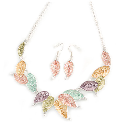 Matt Pastel Multicoloured Enamel Leaf Necklace and Drop Earrings Set In Light Silver Tone Metal - 45cm L/ 7cm Ext