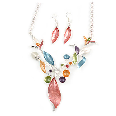 Matt Pastel Multicoloured Enamel Leaf Necklace and Stud Earrings In Light Silver Tone - 45cm L/ 7cm Ext