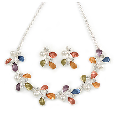 Matt Pastel Enamel, Faux Pearl, Clear Crystal Floral Necklace and Stud Earrings Set In Light Silver Tone Metal - 45cm L/ 7cm Ext