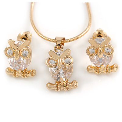 Tiny Clear CZ Owl Pendant with Snake Type Chain & Stud Earrings Set In Gold Tone - 42cm L/ 6cm Ext - main view