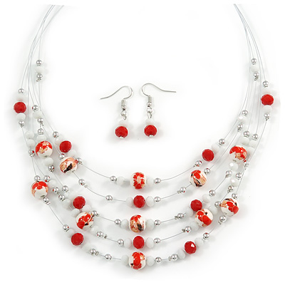 Romantic Multistrand Layered Glass/ Ceramic Beaded Necklace and Drop Earrings Set (White, Red) - 50cm L/ 5cm Ext