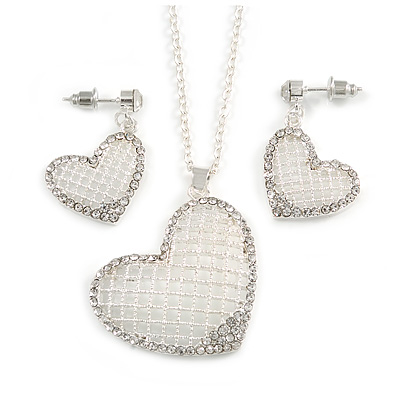 Romantic Crystal Heart Pendant and Drop Earrings In Silver Tone Metal - 40cm/ 4cm Ext - main view