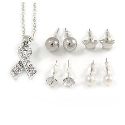 Clear Crystal Breast Cancer Awareness Ribbon Pendant and 4 Pairs of Stud Earrings Set In Sivler Tone