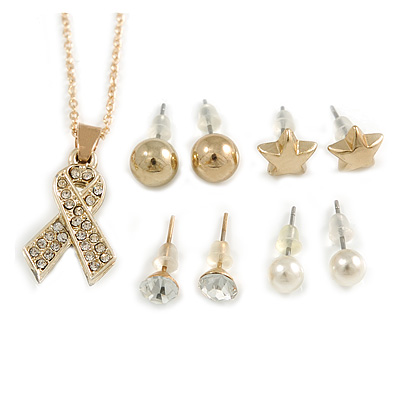 Clear Crystal Breast Cancer Awareness Ribbon Pendant and 4 Pairs of Stud Earrings Set In Gold Tone