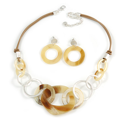 Yellow/ Brown Acrylic and Metal Round Link Leather Cord Necklace and Drop Earrings Set In Silver Tone - 50cm L/ 9cm Ext - Gift Boxed