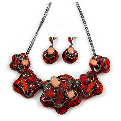 Red/ Coral Crystal Asymmetrical Acrylic Floral Necklace with Black Tone Chain - 41cm L/ 7cm Ext - Gift Boxed - main view