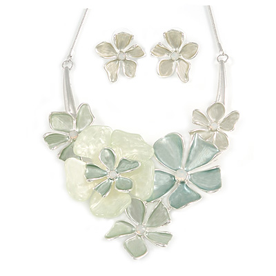 Pastel Green Flower Cluster V shape Necklace and Stud Earrings Set In Silver Tone - 42cm L/ 9cm Ext - Gift Boxed