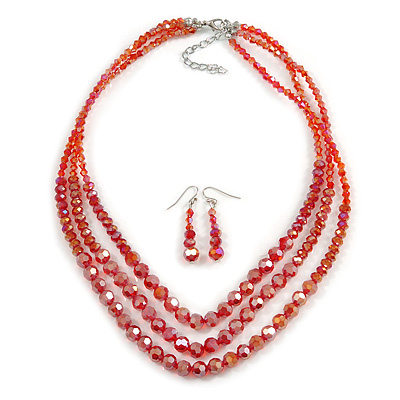 Brick Red Multistrand Faceted Glass Crystal Necklace & Drop Earrings Set In Silver Plating - 44cm Length/ 6cm Ext